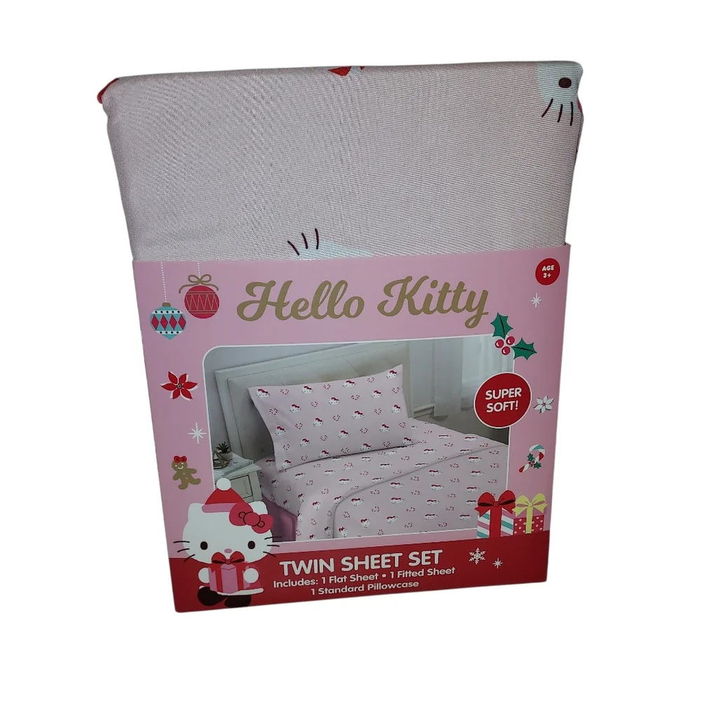 Brand New Sanrio Hello Kitty Twin Size Bed Sheet Set (3-Piece) Christmas Theme